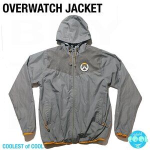 Jinx OVERWATCH Jacket Large Hooded Long Sleeve pullover Gray raised rubber logo